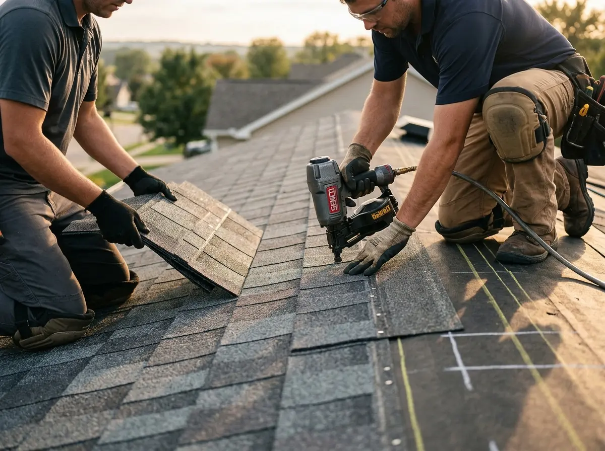 Professional roofer working on a residential roof in Geneseo